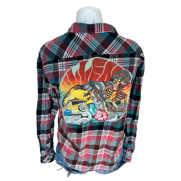 Grateful Dead Plaid Flannel Shirt SMALL Oversized Skeleton Roses One of Kind - Picture 1 of 6